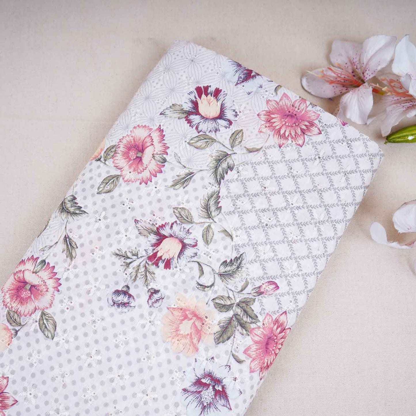 Cream Floral Print Cotton Schiffli Fabric MT-29225