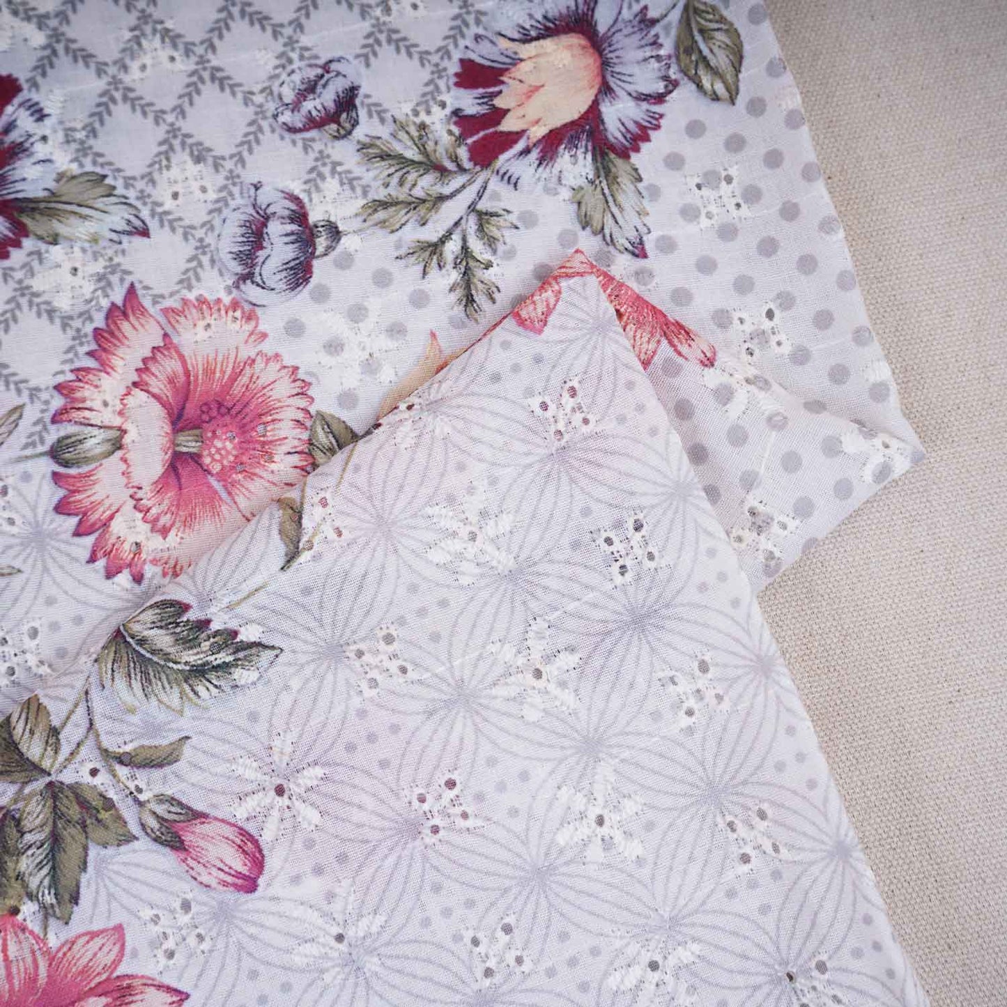Cream Floral Print Cotton Schiffli Fabric MT-29225