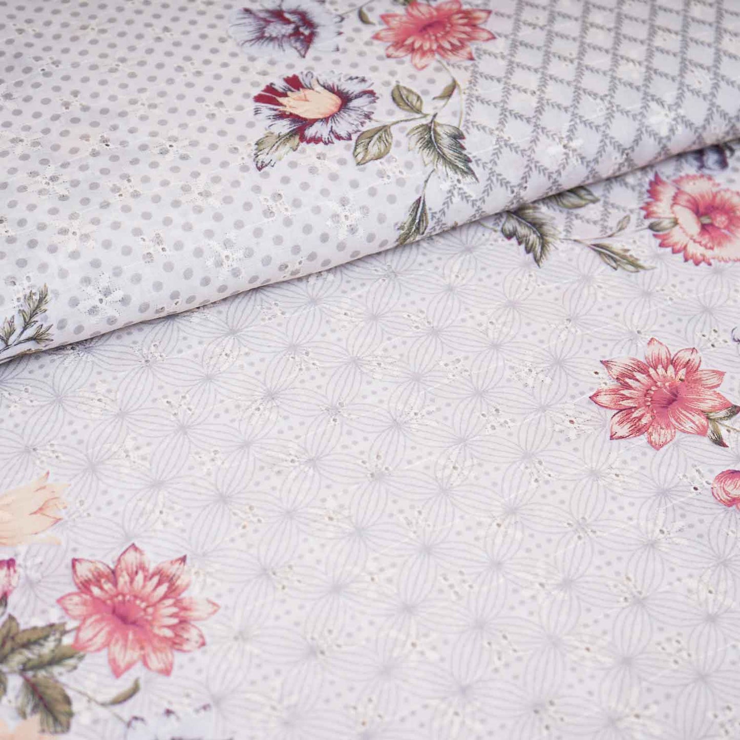 Cream Floral Print Cotton Schiffli Fabric MT-29225