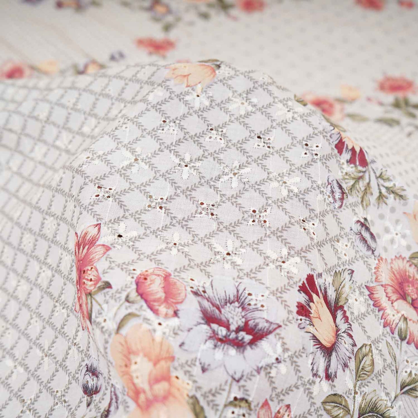 Cream Floral Print Cotton Schiffli Fabric MT-29225