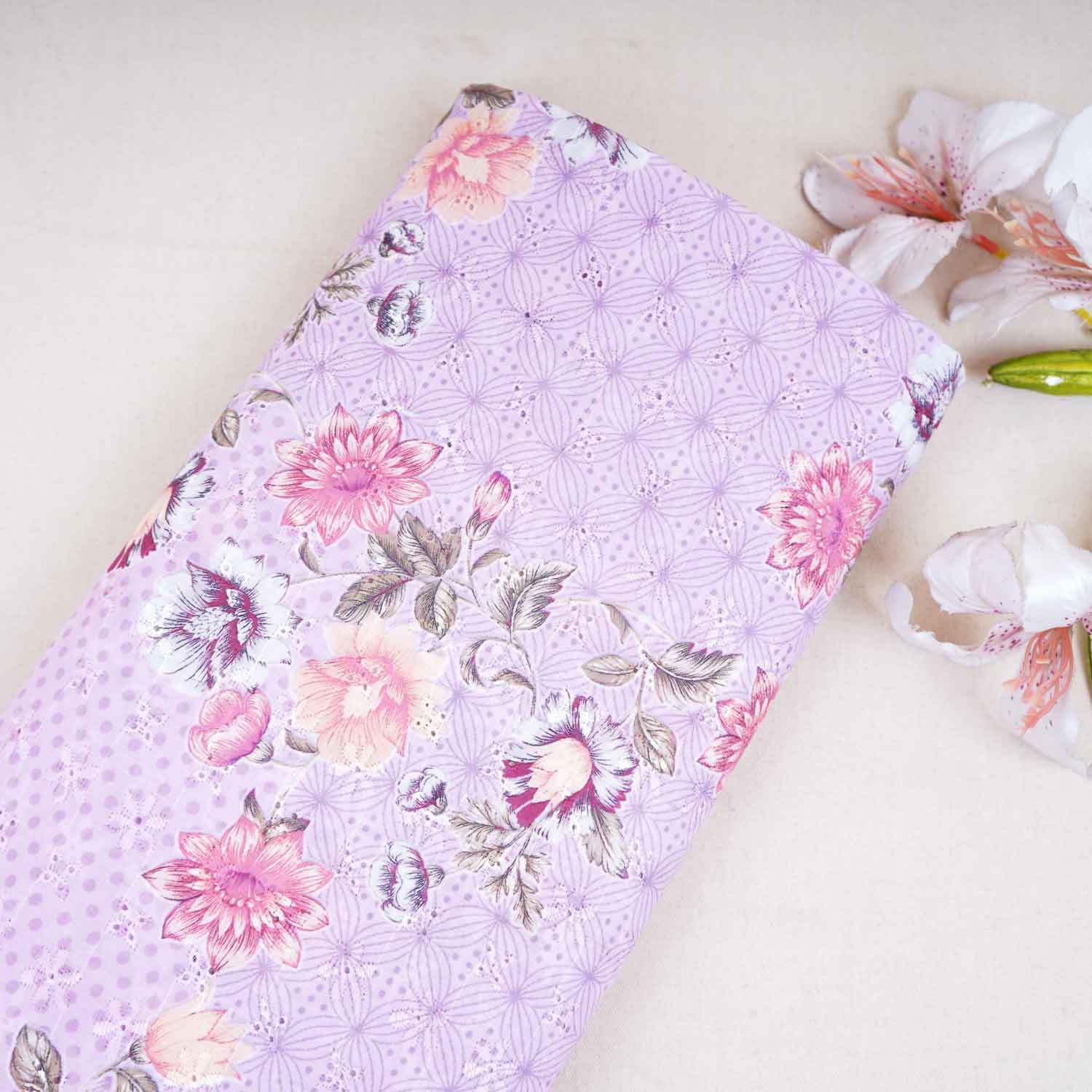 Dusky Pink Floral Print Cotton Schiffli Fabric MT-29227 - TradeUNO