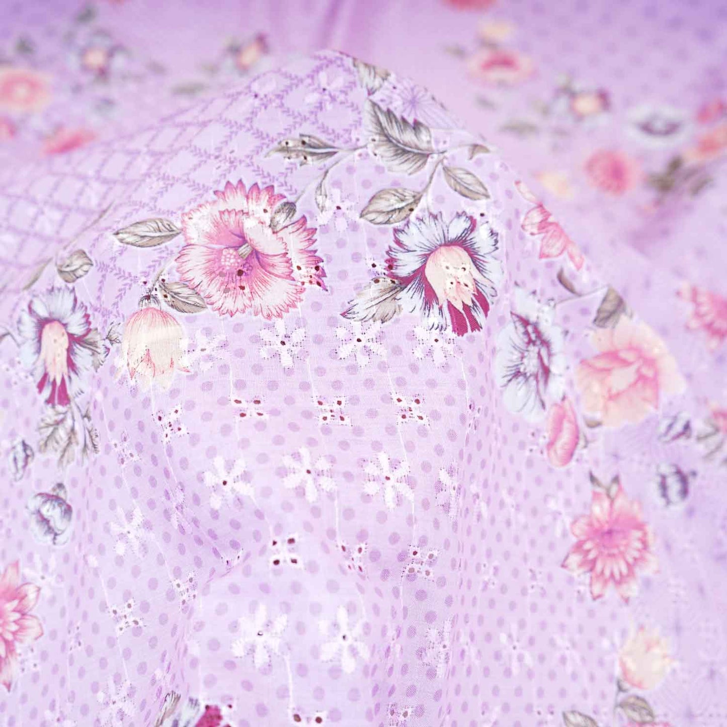 Dusky Pink Floral Print Cotton Schiffli Fabric MT-29227 - TradeUNO