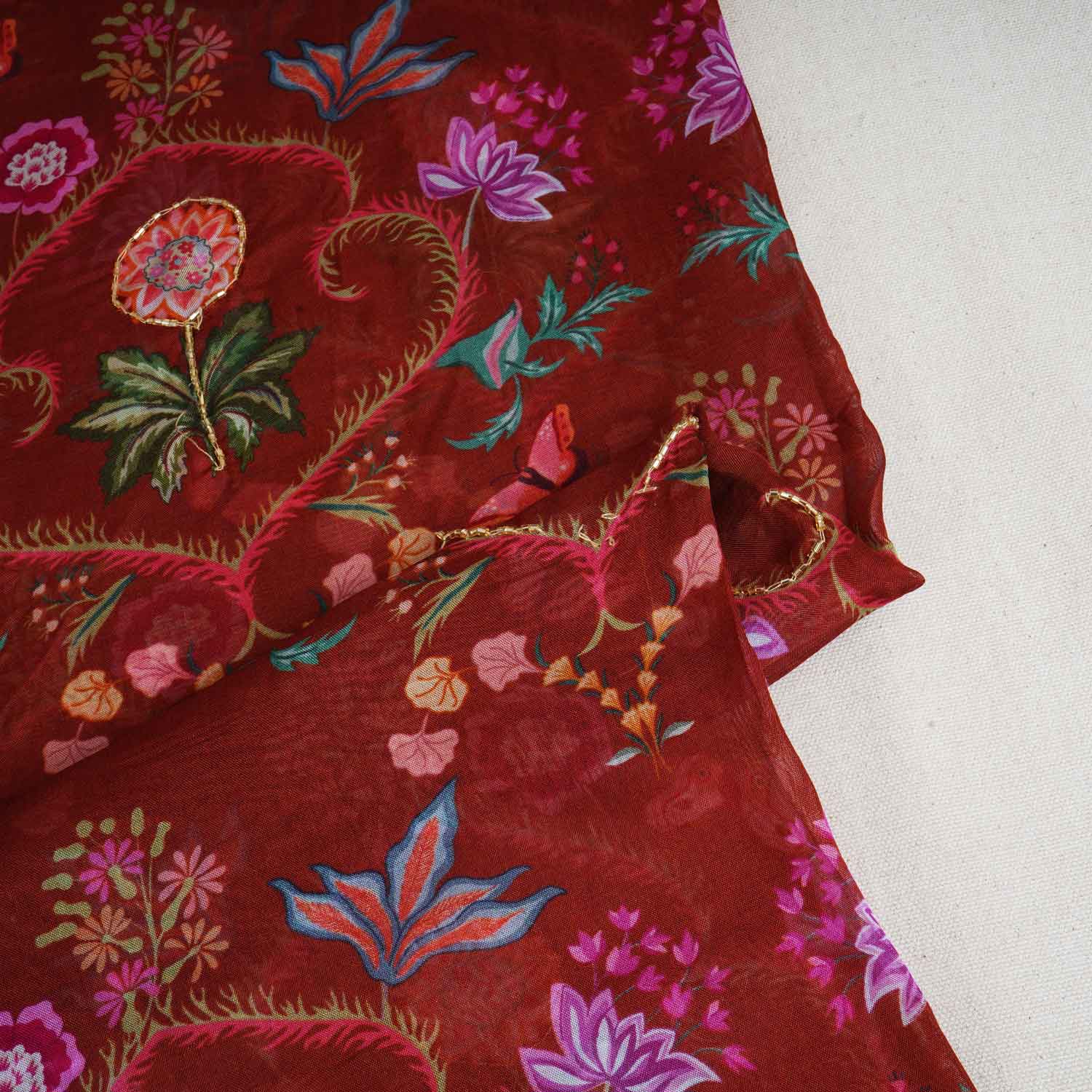 Brown Cutdana Hand Work Floral Print Organza Fabric MT-28293 - TradeUNO
