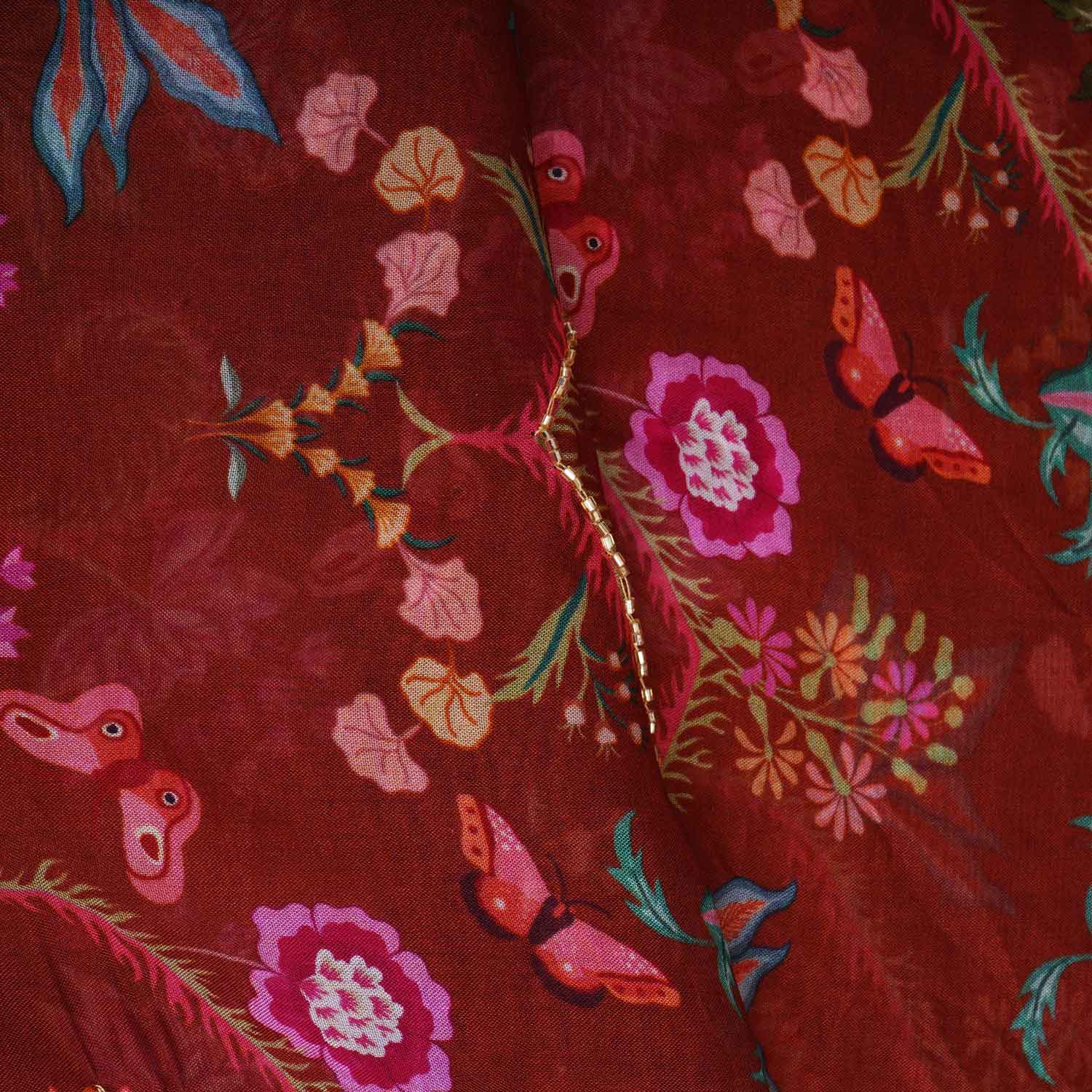 Brown Cutdana Hand Work Floral Print Organza Fabric MT-28293 - TradeUNO