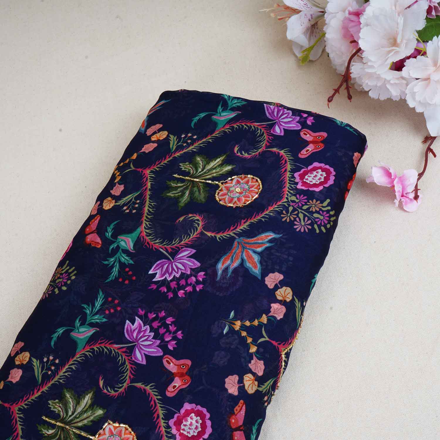 Navy Blue Cutdana Work Floral Print Organza Fabric MT-28294 - TradeUNO