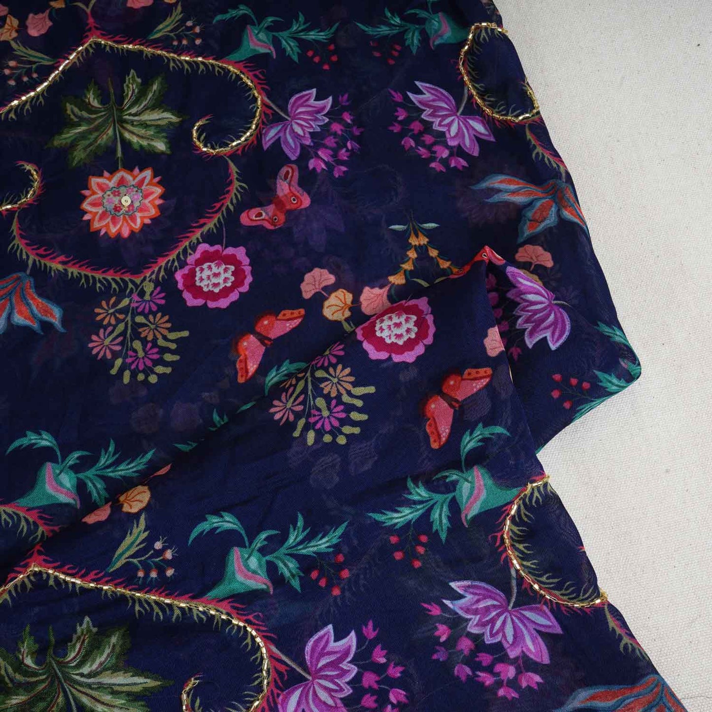 Navy Blue Cutdana Work Floral Print Organza Fabric MT-28294