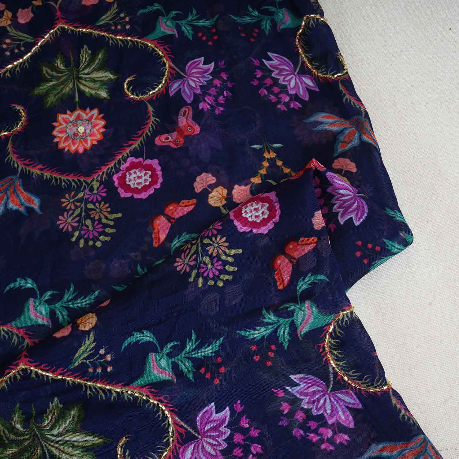 Navy Blue Cutdana Work Floral Print Organza Fabric MT-28294 - TradeUNO