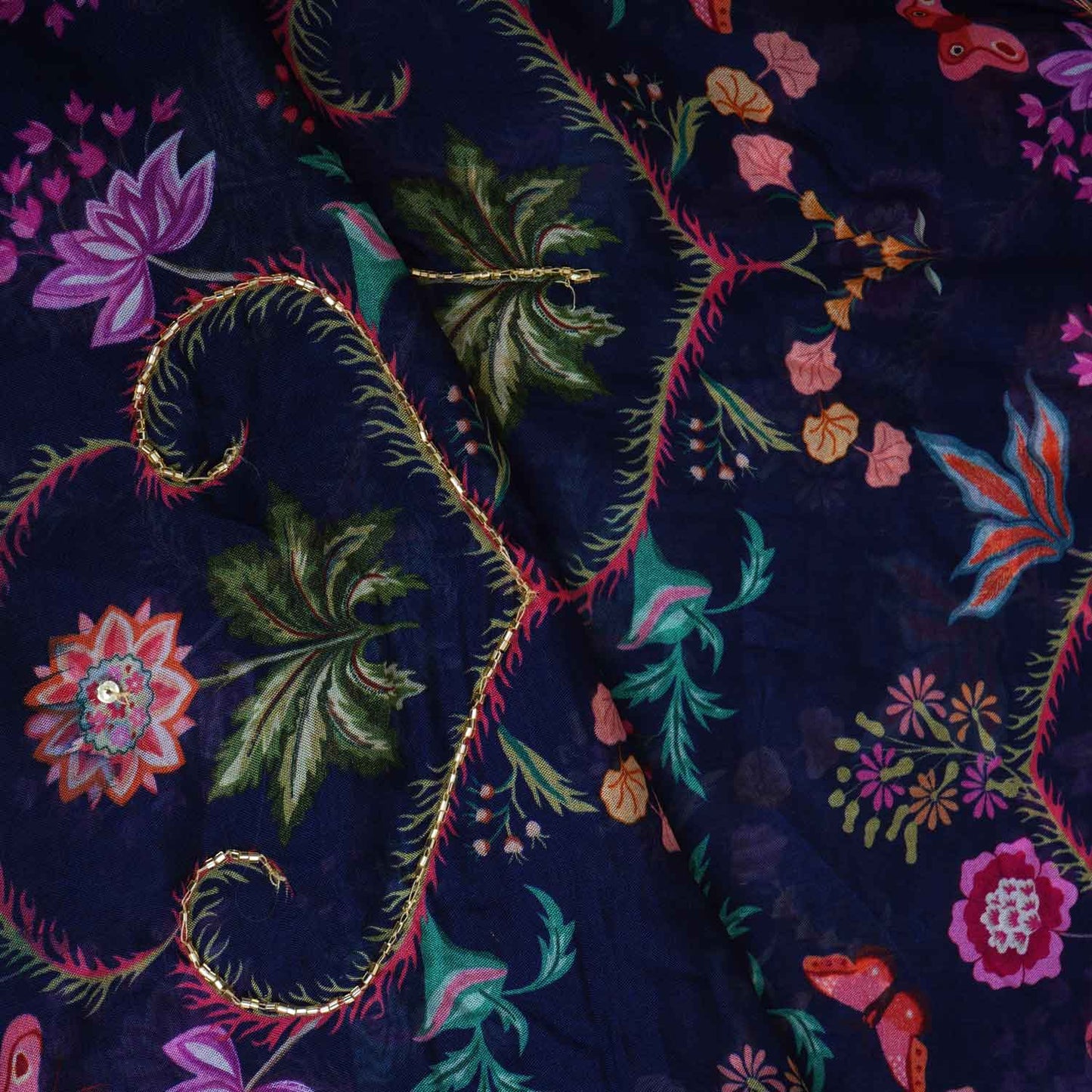 Navy Blue Cutdana Work Floral Print Organza Fabric MT-28294