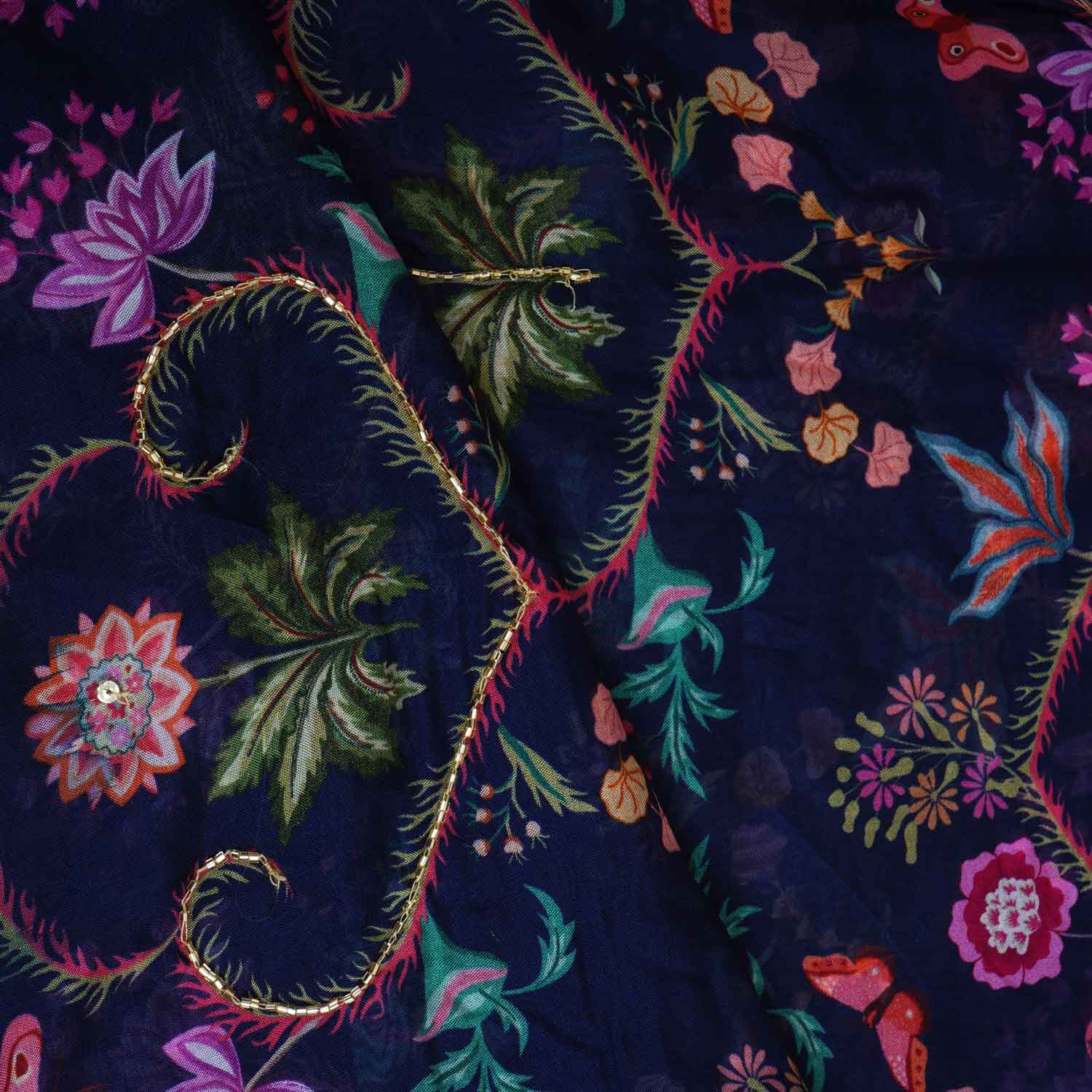 Navy Blue Cutdana Work Floral Print Organza Fabric MT-28294 - TradeUNO