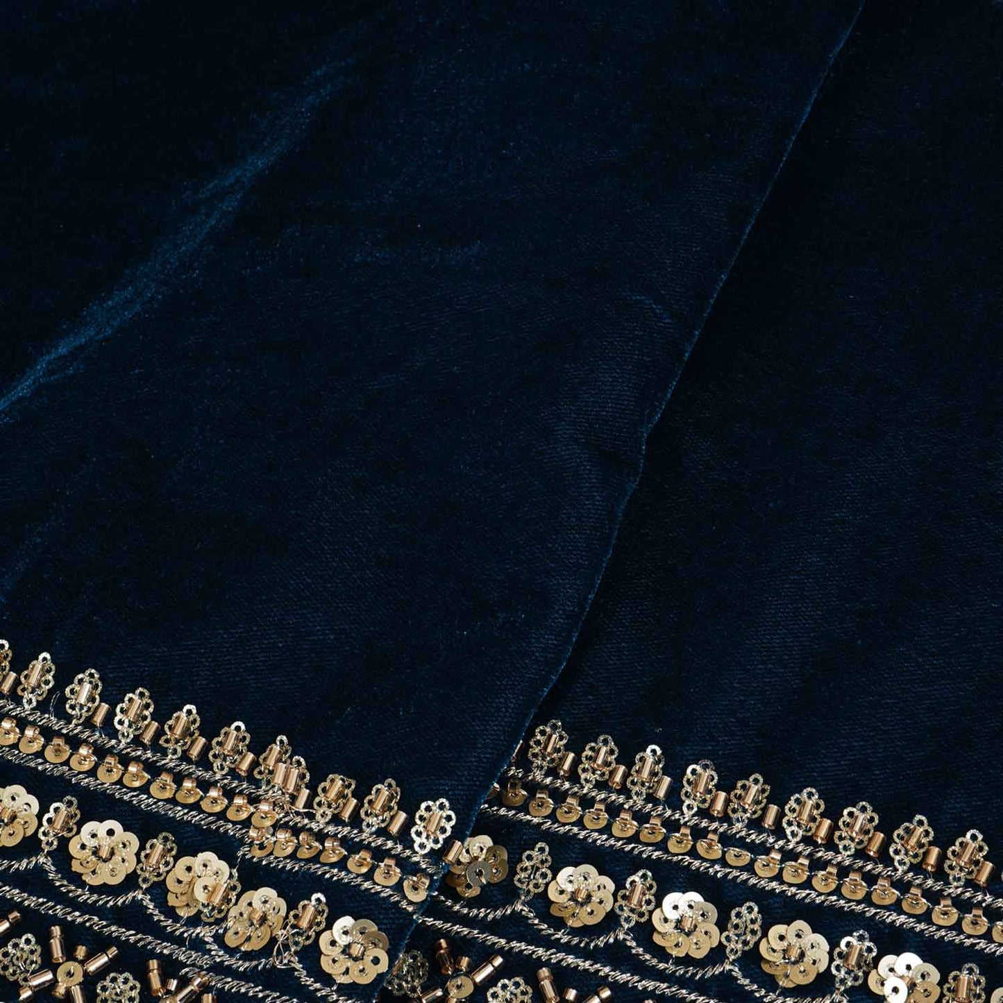 Teal Blue Border Work Cutdana Micro Velvet 9000 Fabric SC-28295