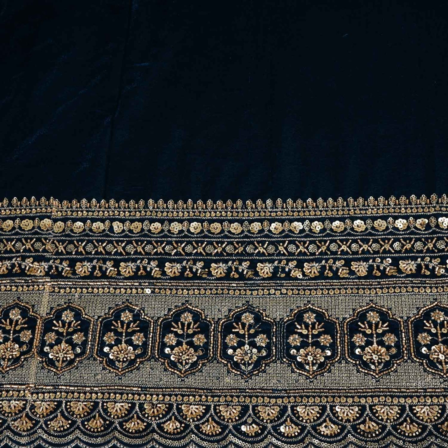 Teal Blue Border Work Cutdana Micro Velvet 9000 Fabric SC-28295