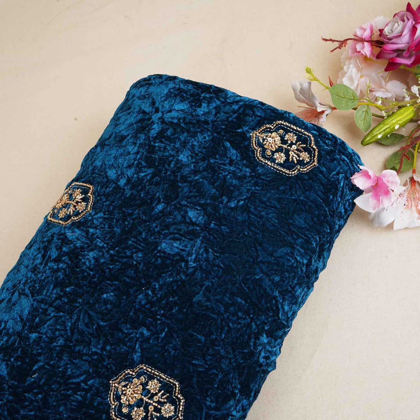 Teal Blue Floral Cutdana Crushed Velvet Fabric SC-28296