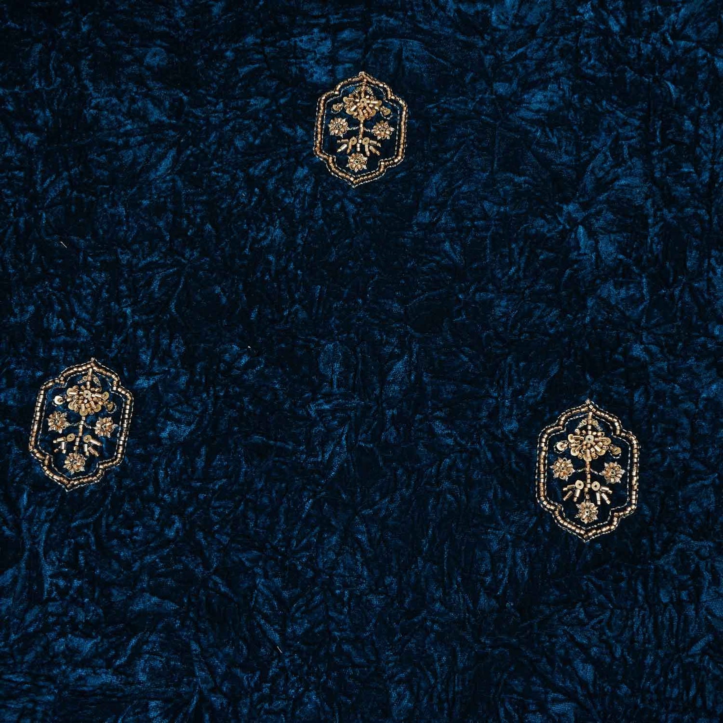 Teal Blue Floral Cutdana Crushed Velvet Fabric SC-28296