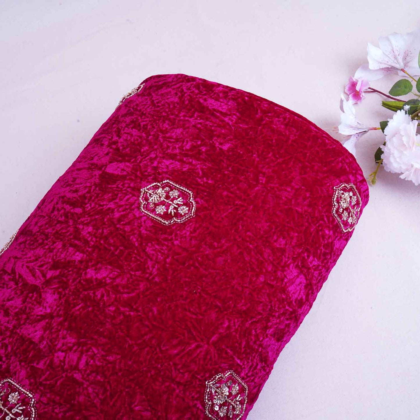 Magenta Pink Floral Cutdana Crushed Velvet Fabric SC-28298