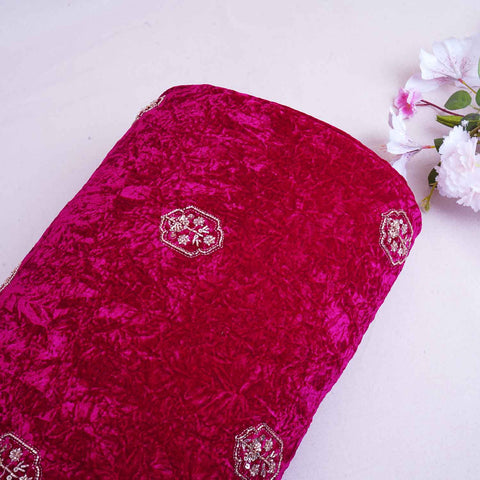 Magenta Pink Floral Cutdana Crushed Velvet Fabric SC-28298