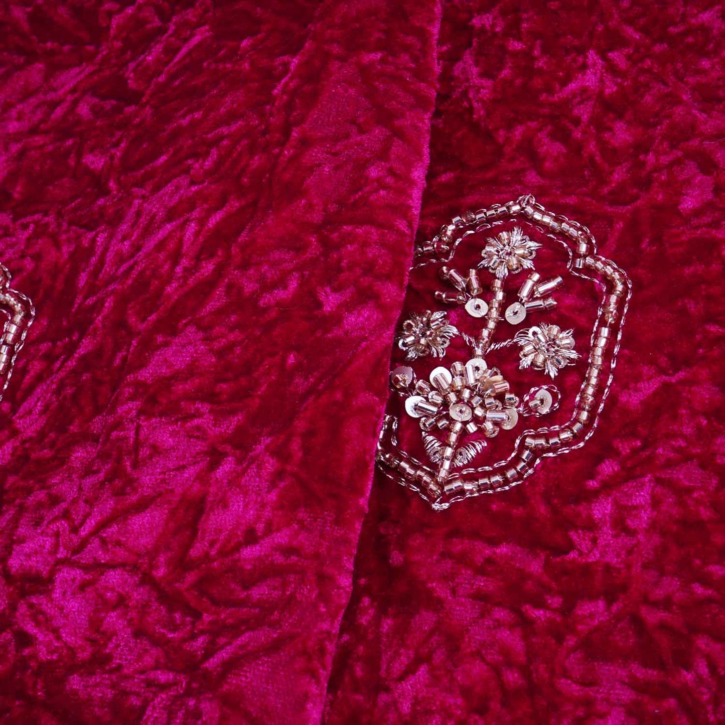 Magenta Pink Floral Cutdana Crushed Velvet Fabric SC-28298