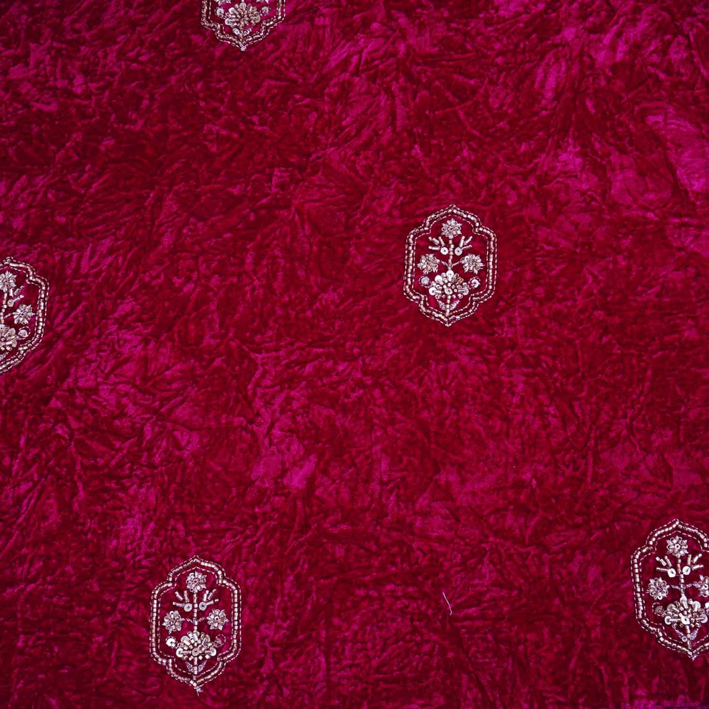 Magenta Pink Floral Cutdana Crushed Velvet Fabric SC-28298
