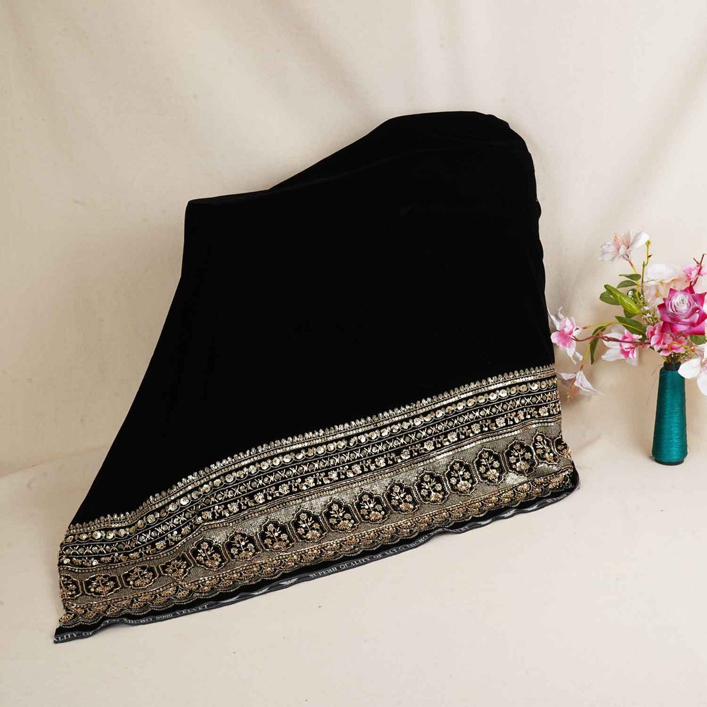 Black Border Work Cutdana Micro Velvet 9000 Fabric SC-28299