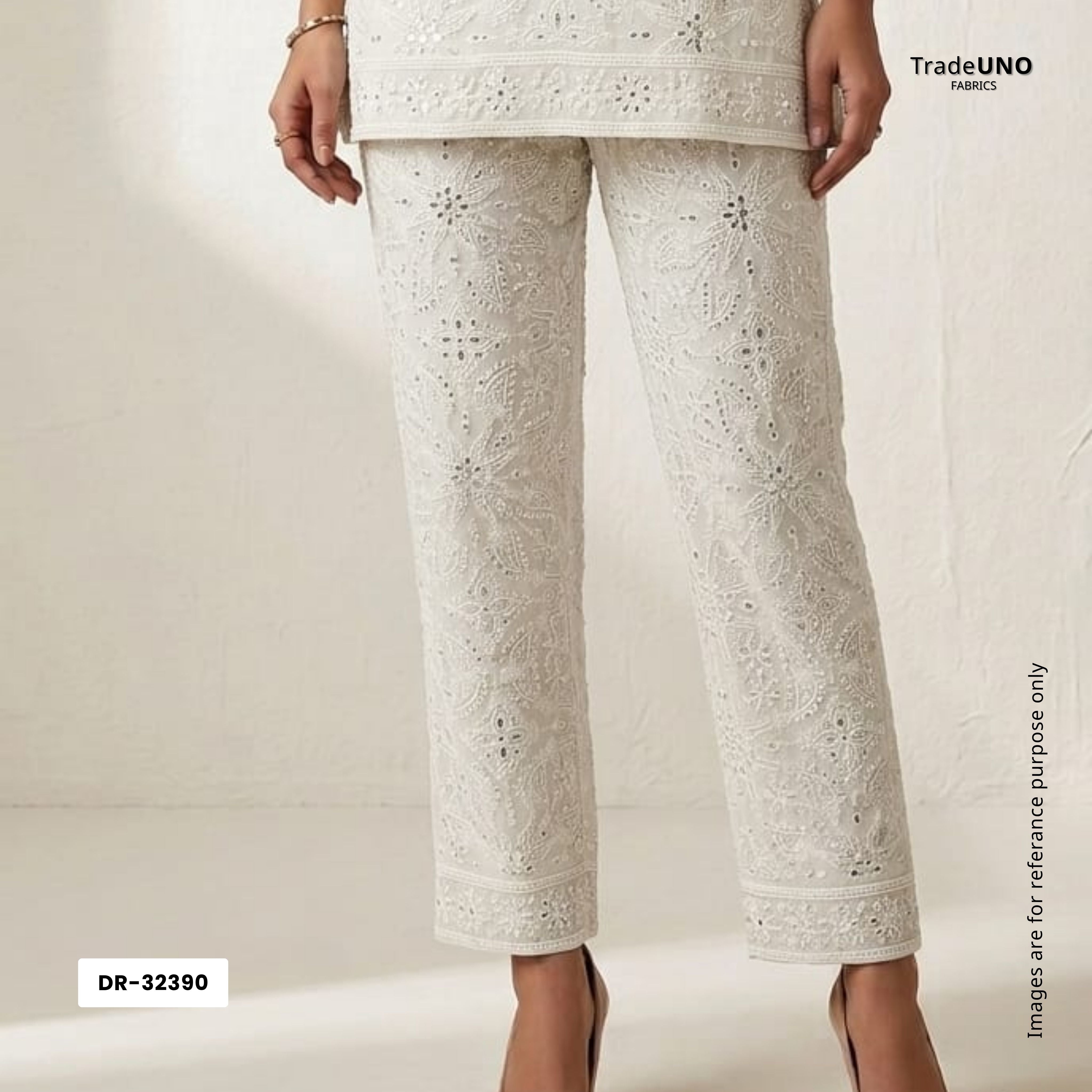 White Dyeable Mirror Thread Embroidery Georgette Fabric DR-32390 - TradeUNO