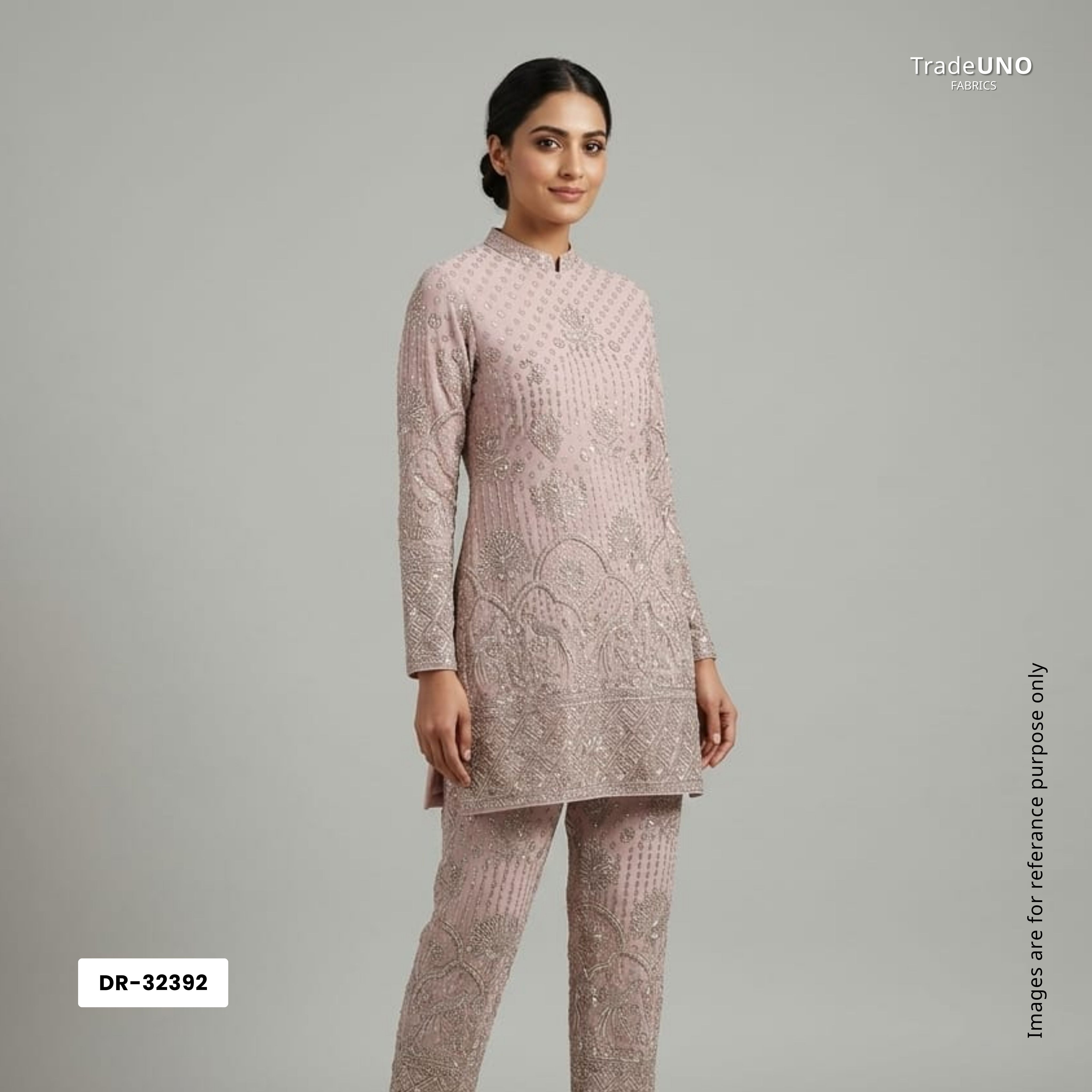 Peach Mughal Bird & Floral Jaal Embroidery Georgette Fabric DR-32392 - TradeUNO