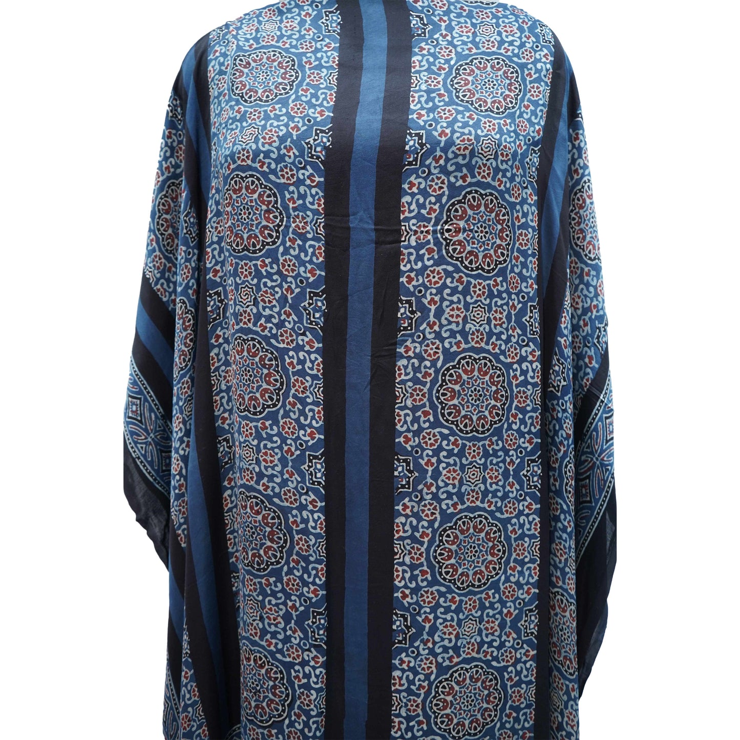 Black with Teal Blue Ajrakh print Modal Silk Kaftan EEG-31612