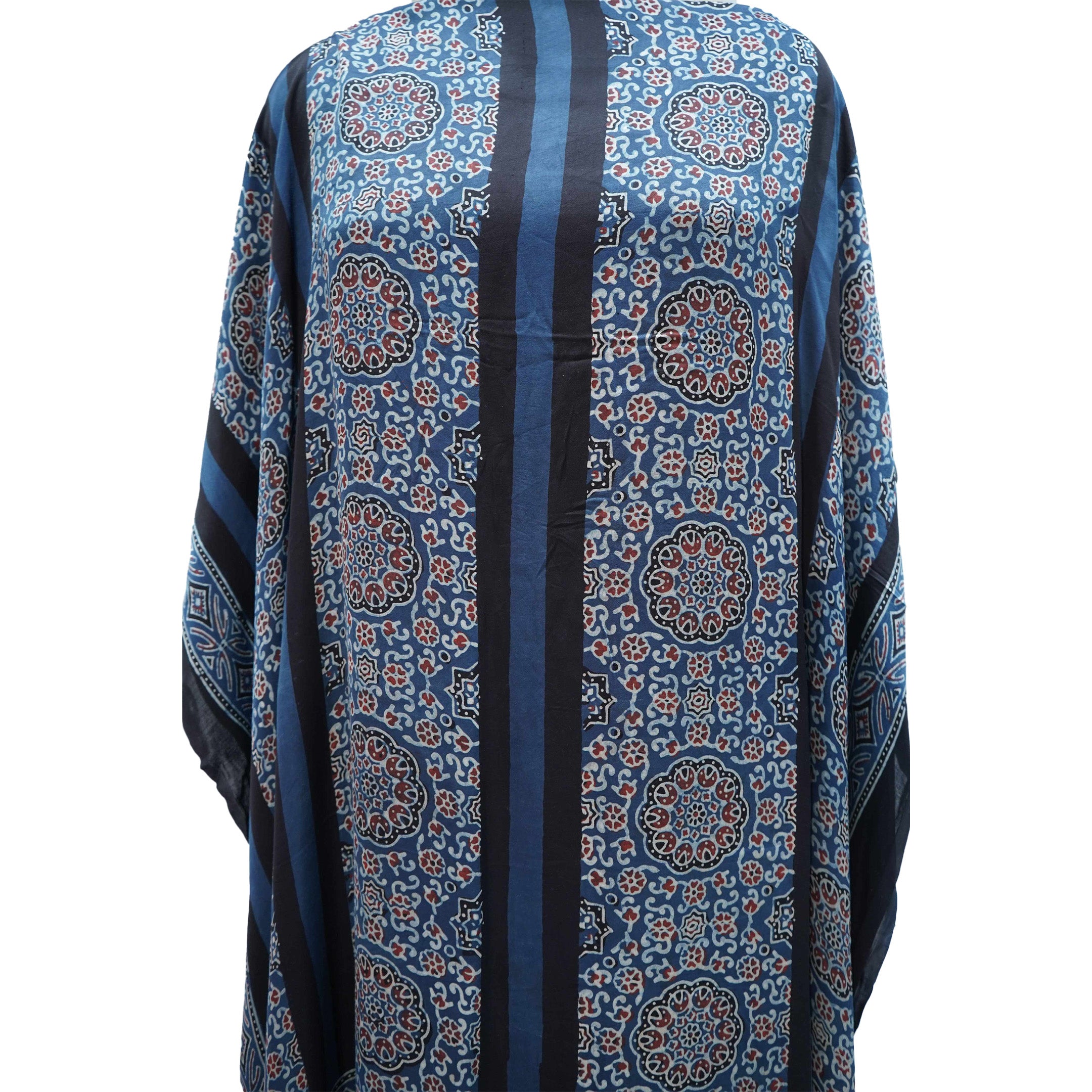Black with Teal Blue Ajrakh print Modal Silk Kaftan EEG-31612