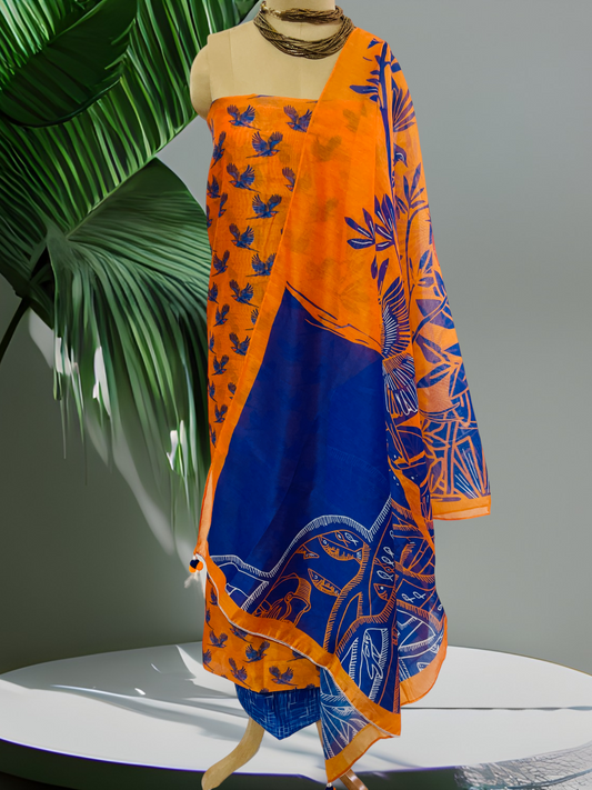 Orange & Blue Birds Print Chanderi Suit Set With Dupatta