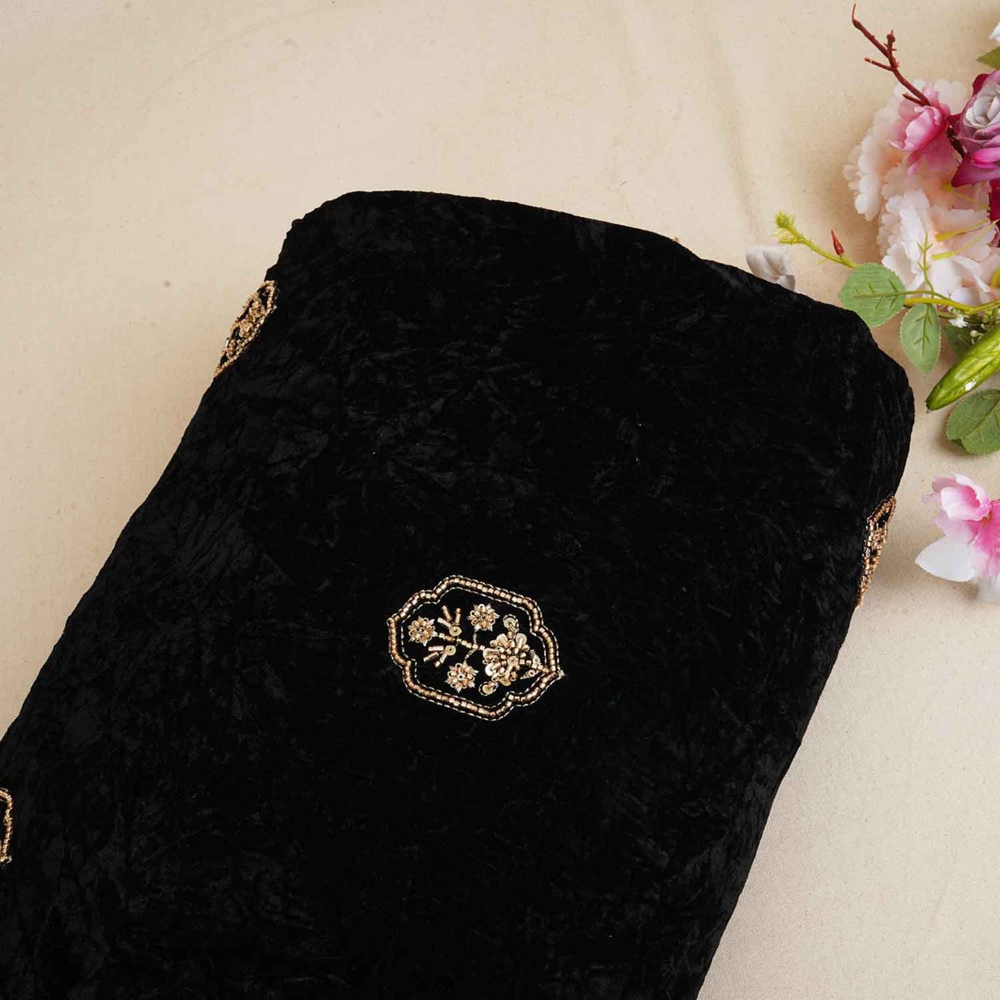 Black Floral Cutdana Crushed Velvet Fabric SC-28300