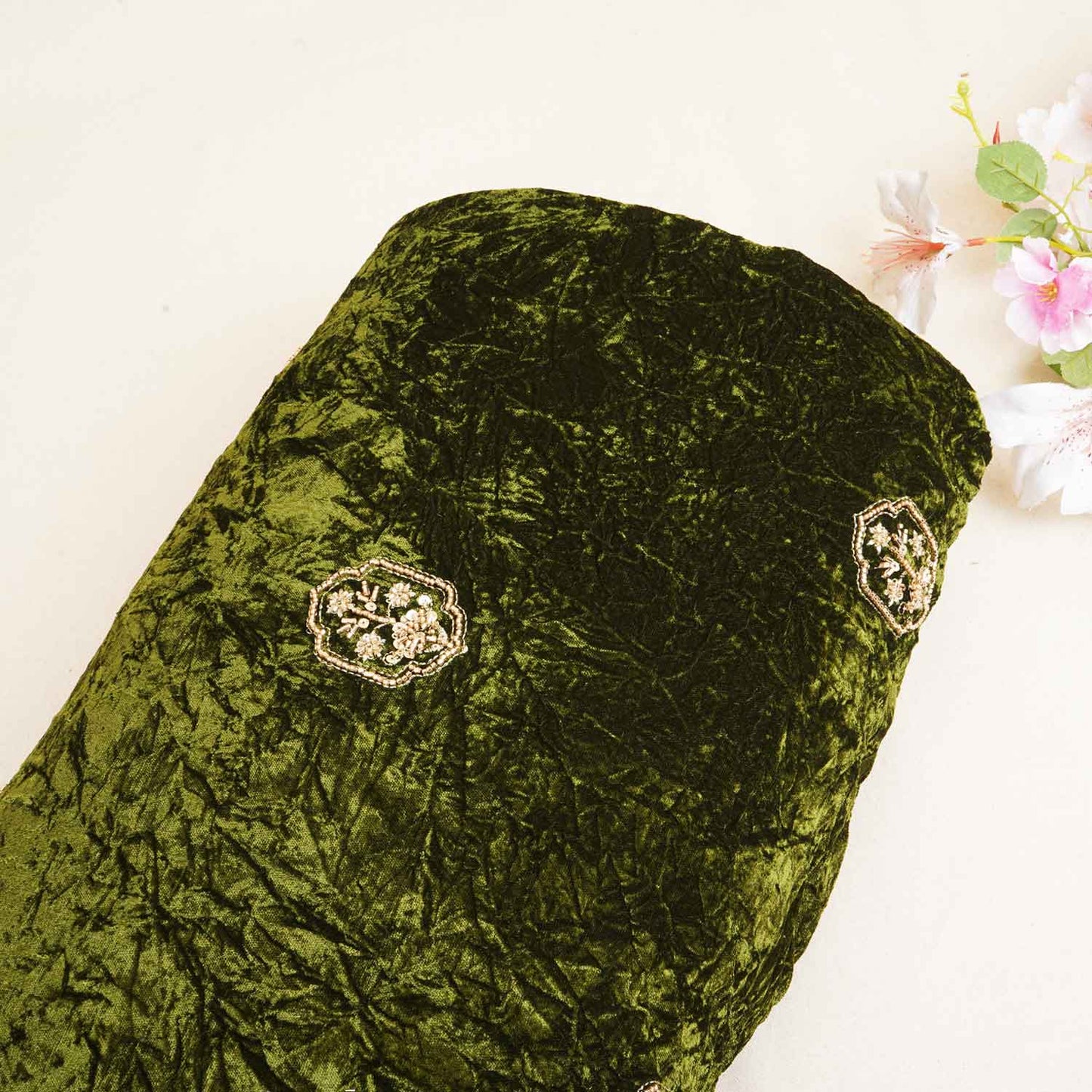 Olive Green Floral Cutdana Crushed Velvet Fabric SC-28301