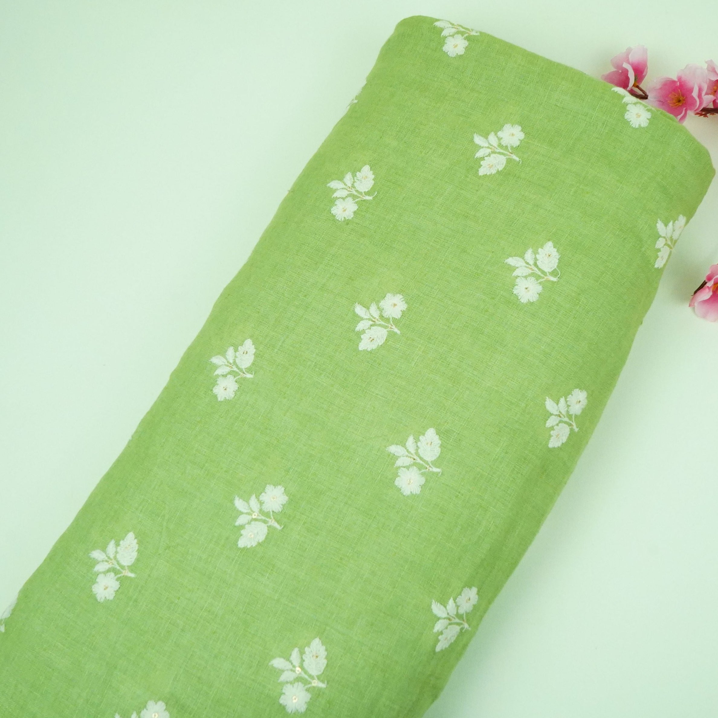 Parrot Green thread embroidery Pure Linen Fabric SN-31146 - TradeUNO