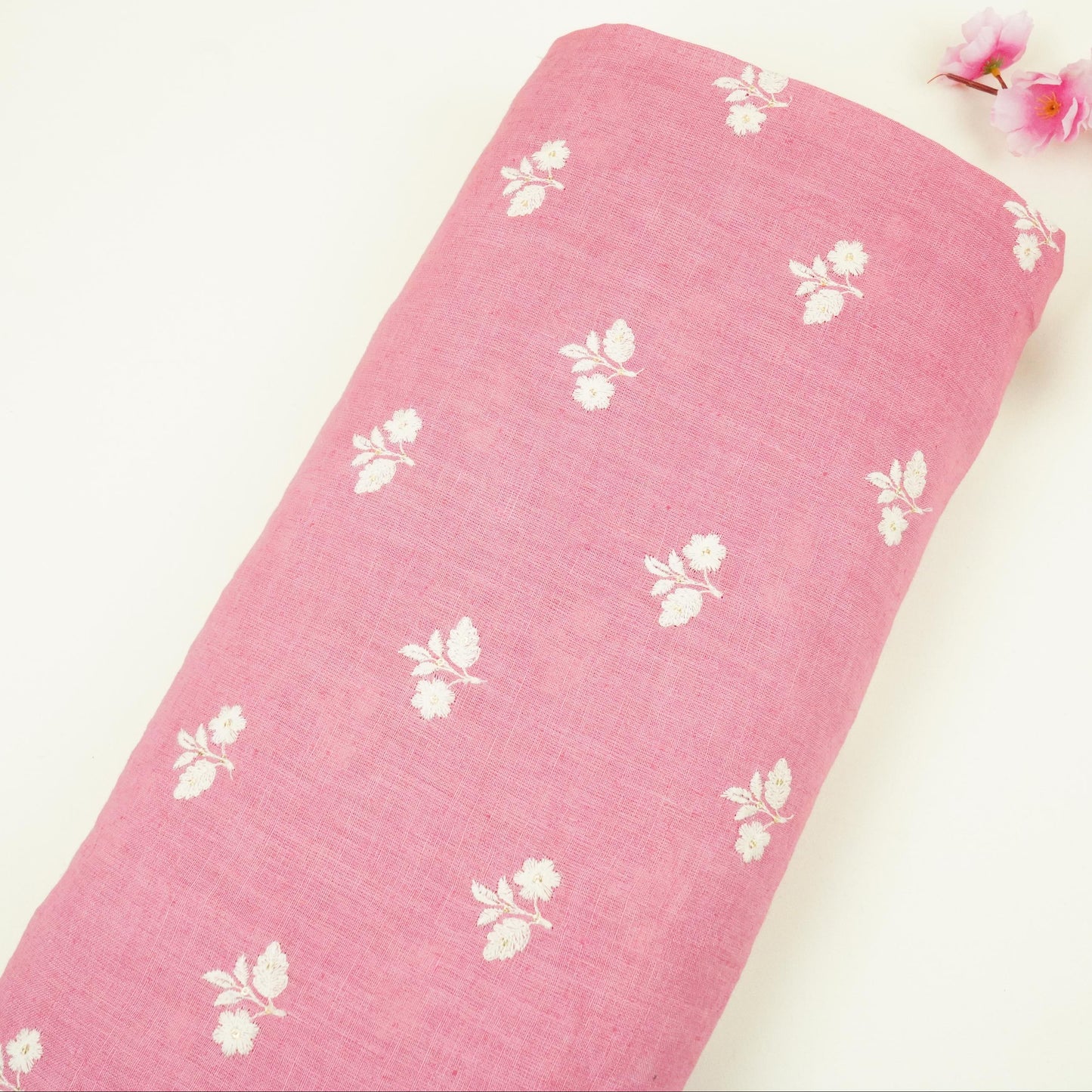 Rose Pink thread embroidery Pure Linen Fabric SN-31148
