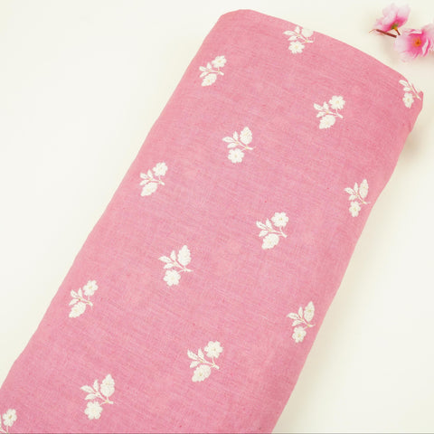 Rose Pink thread embroidery Pure Linen Fabric SN-31148