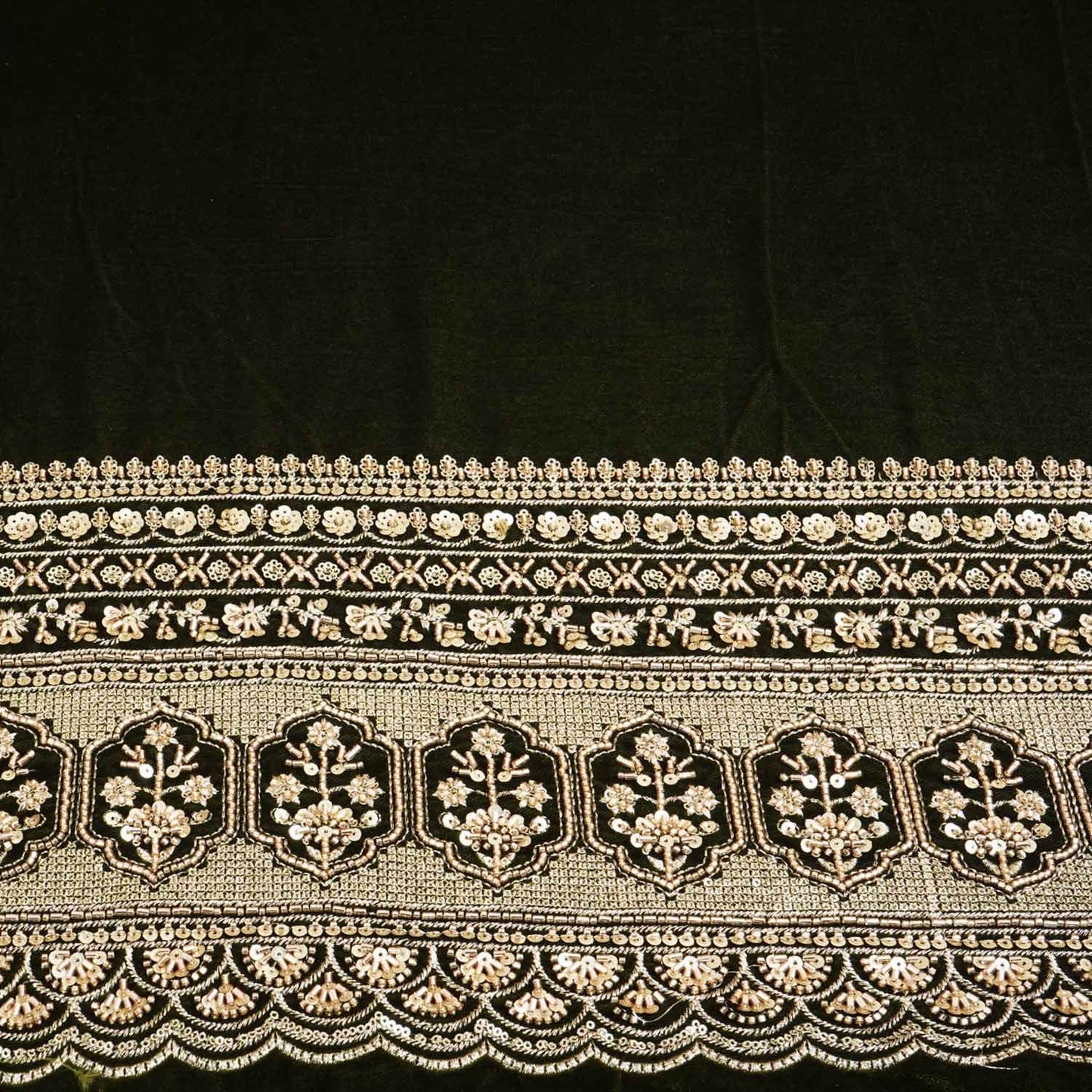 Olive Green Border Work Cutdana Micro Velvet 9000 Fabric SC-28302