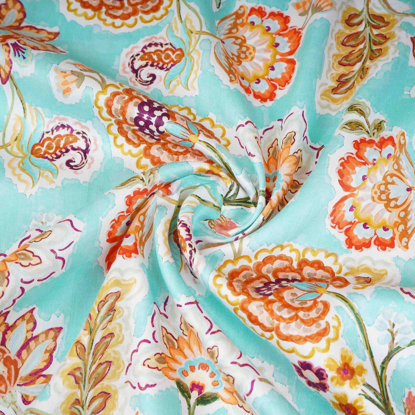 Aqua with Orange Floral Print Cotton Satin Fabric PG-30438
