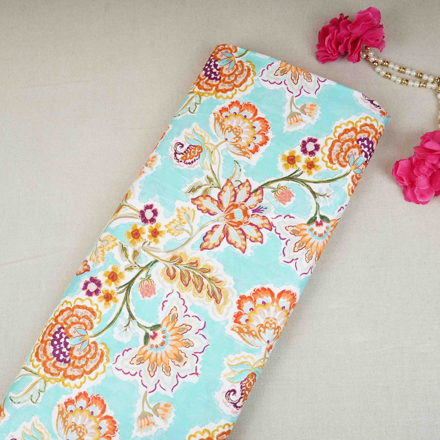 Aqua with Orange Floral Print Cotton Satin Fabric PG-30438