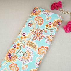 Aqua with Orange Floral Print Cotton Satin Fabric PG-30438