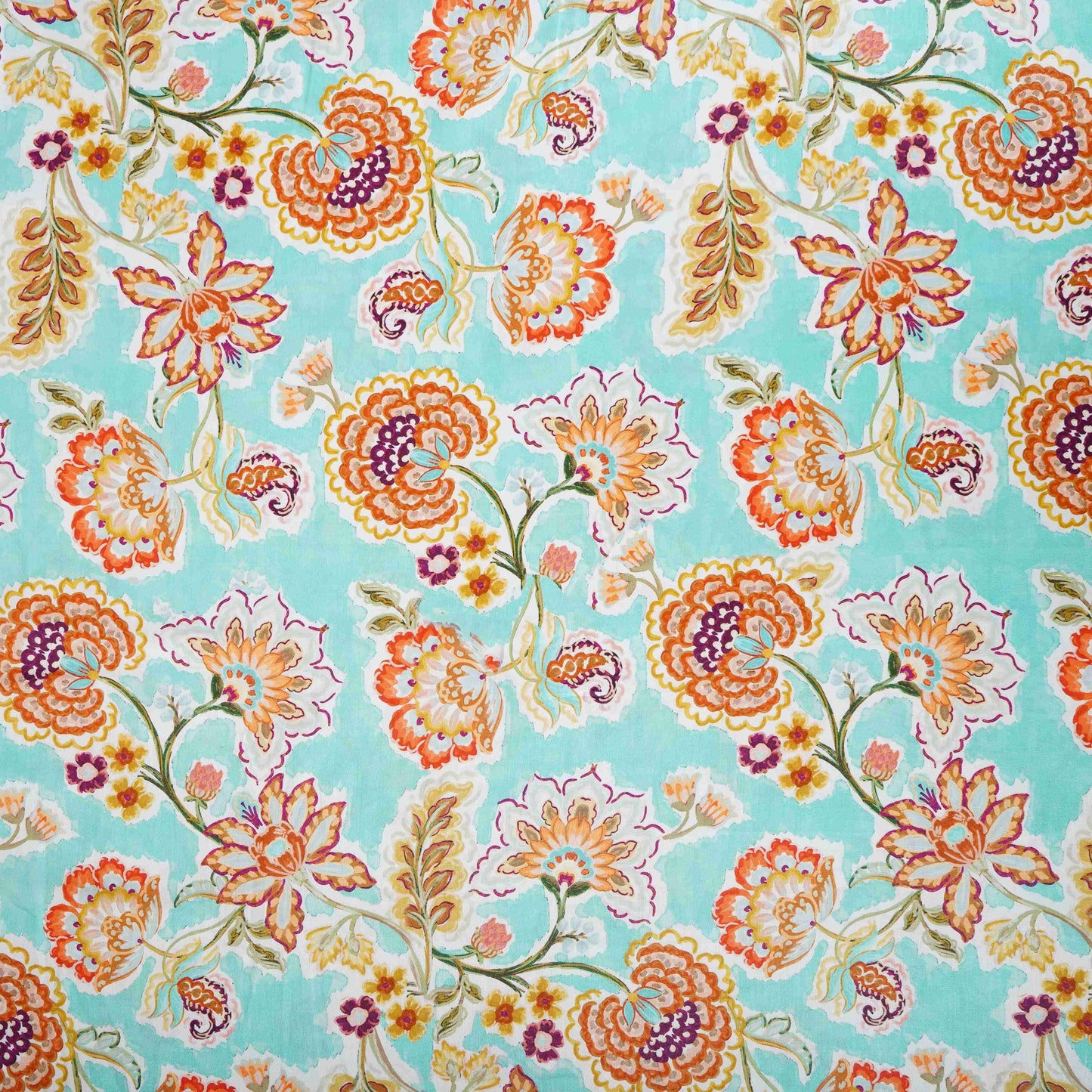 Aqua with Orange Floral Print Cotton Satin Fabric PG-30438