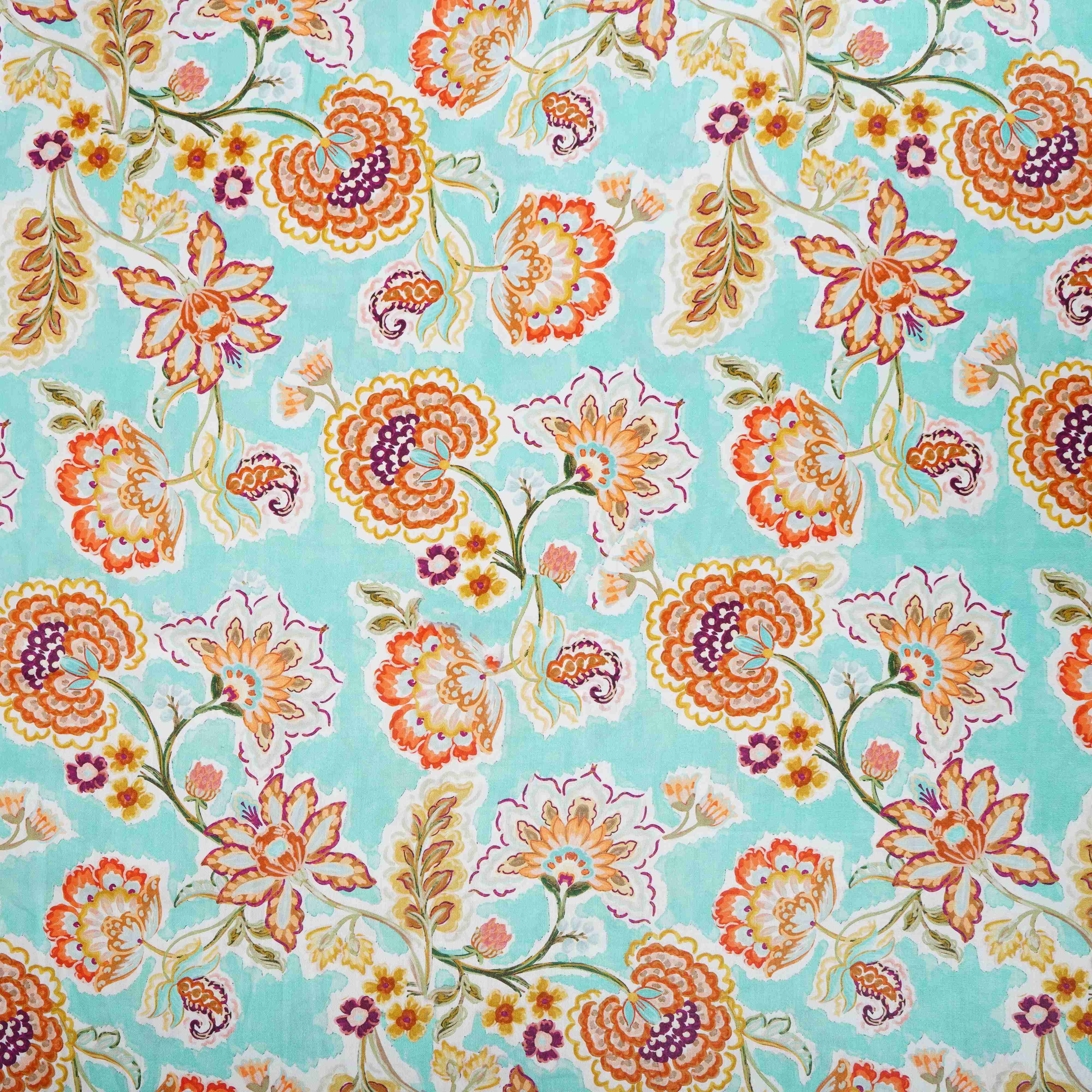 Aqua with Orange Floral Print Cotton Satin Fabric PG-30438 - TradeUNO