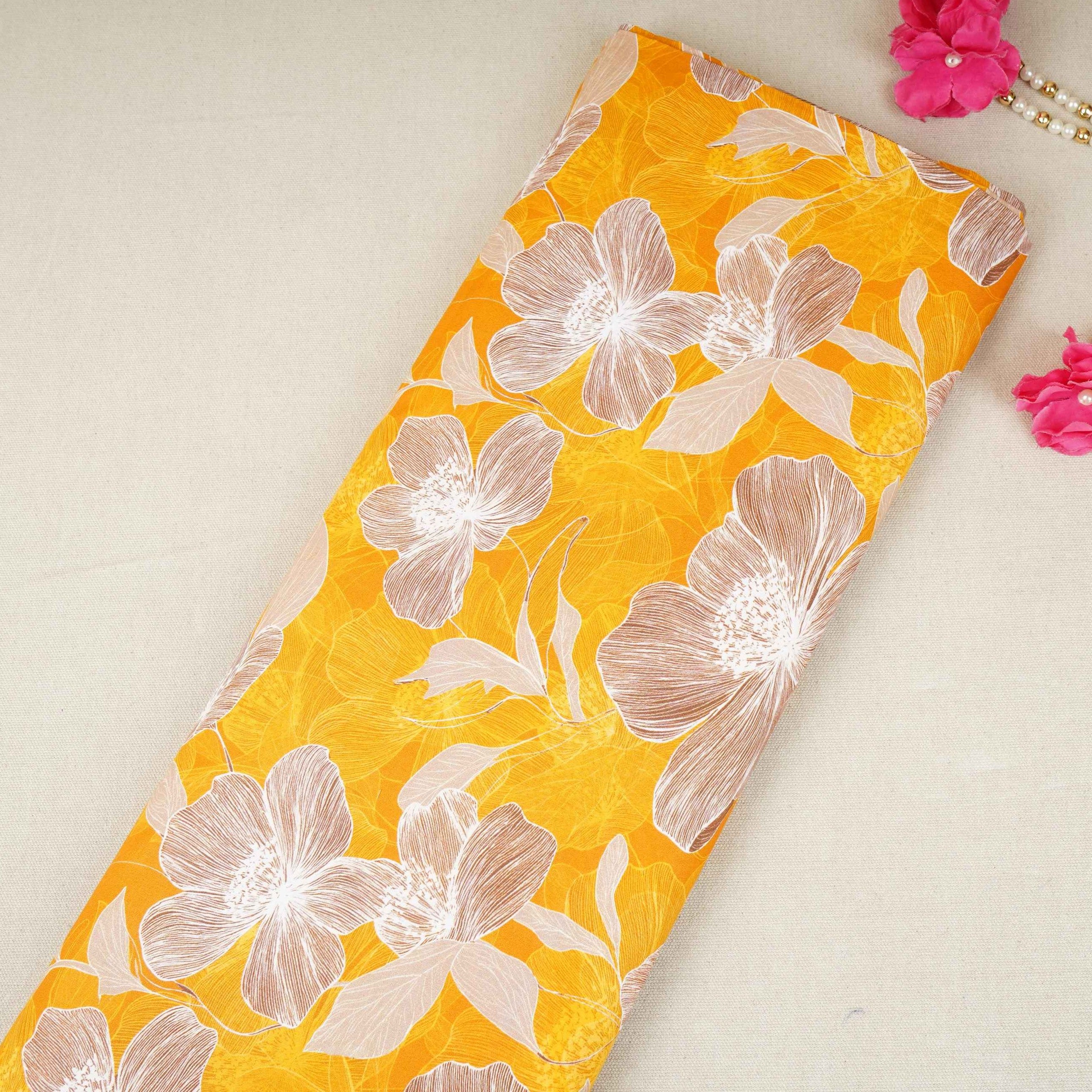 Yellow Floral Print Cotton Mulmul Fabric PG-30452 - TradeUNO