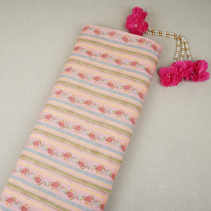 Pink & Green Stripes Print Mul Chanderi Fabric GTS-30509 - TradeUNO