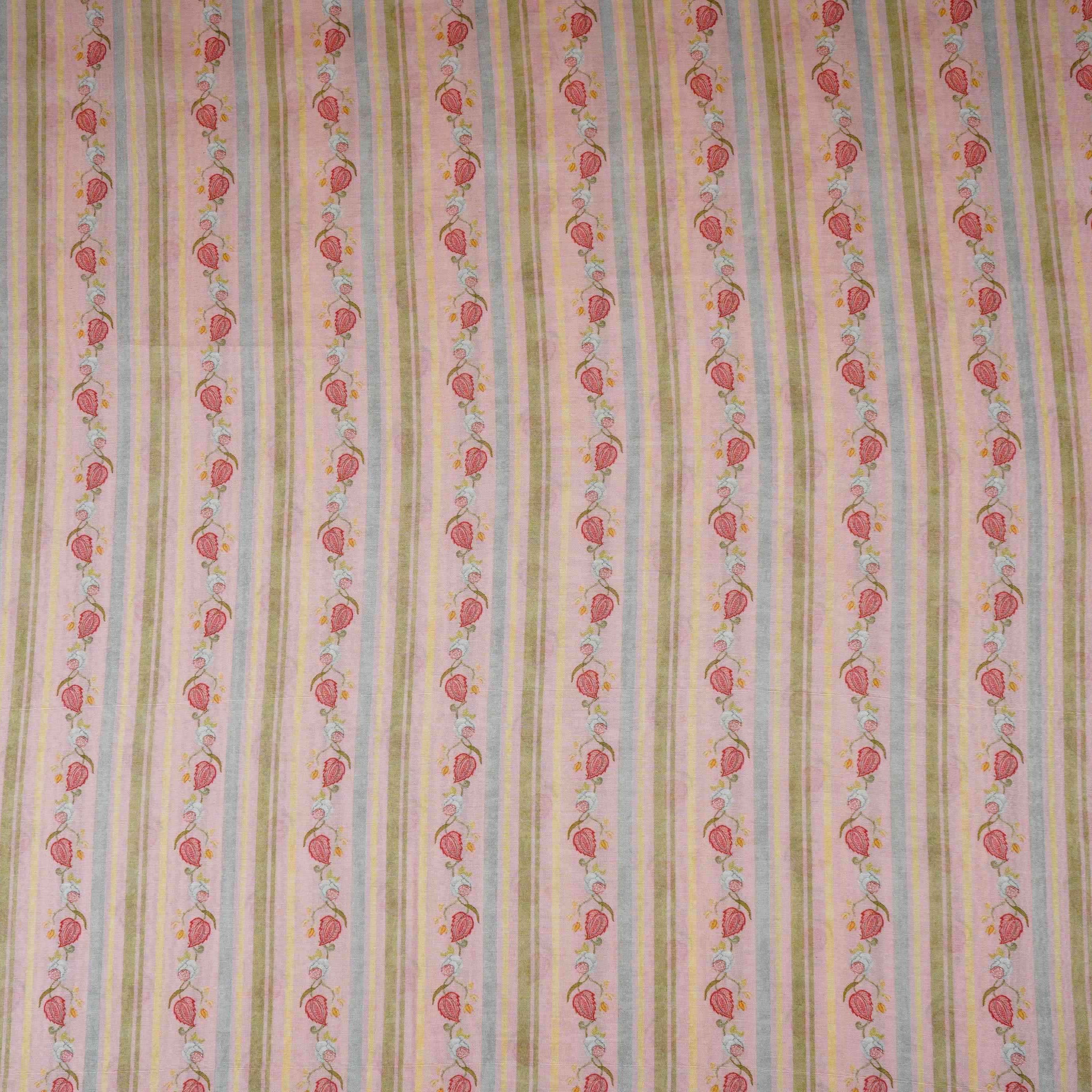 Pink & Green Stripes Print Mul Chanderi Fabric GTS-30509 - TradeUNO