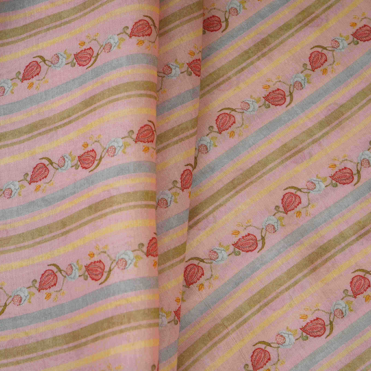 Pink & Green Stripes Print Mul Chanderi Fabric GTS-30509 - TradeUNO