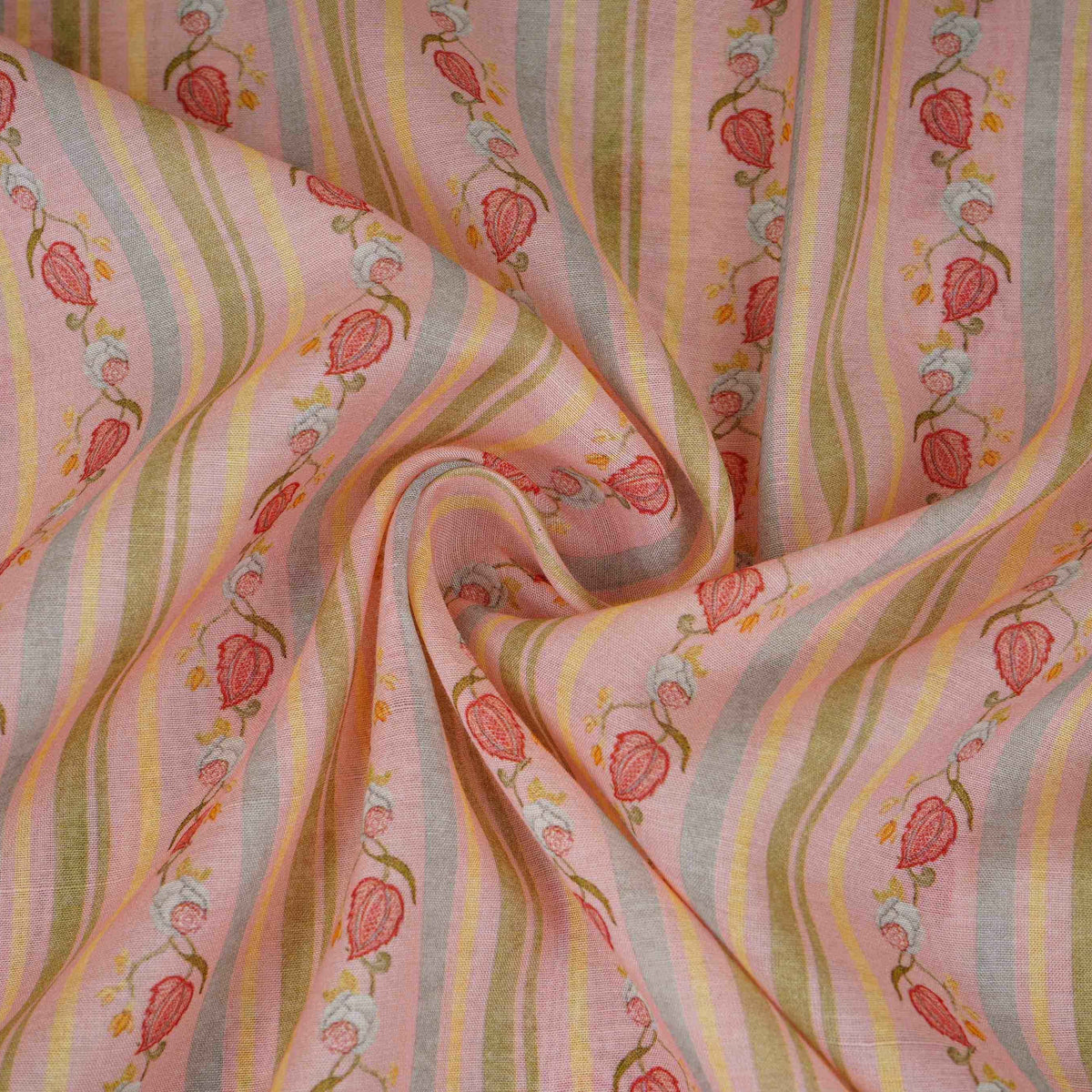 Pink & Green Stripes Print Mul Chanderi Fabric GTS-30509 - TradeUNO