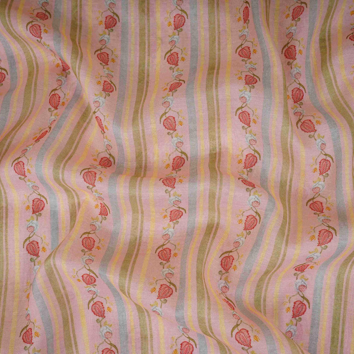 Pink & Green Stripes Print Mul Chanderi Fabric GTS-30509 - TradeUNO