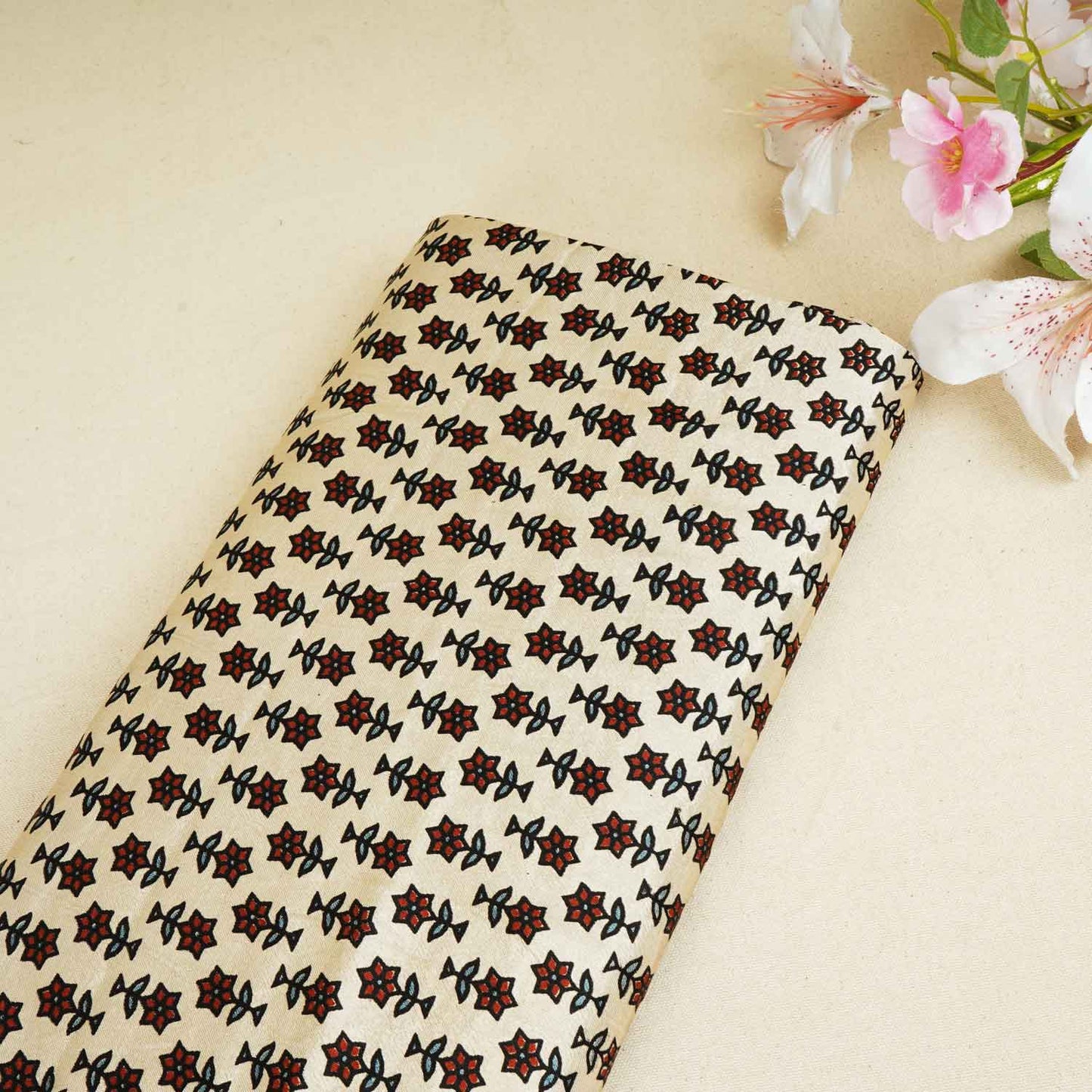 Cream Floral Print Mashru Silk Fabric EEG-28306