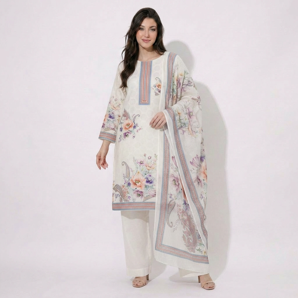 Peach Floral Cotton Voil Suit Set with Dupatta RT-30922