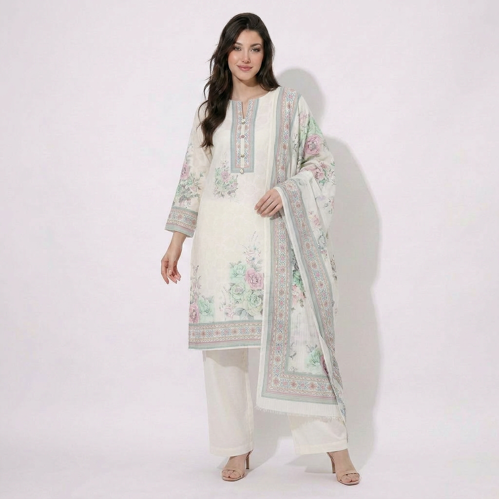 Mint Green Floral Cotton Voil Suit Set with Dupatta RT-30924