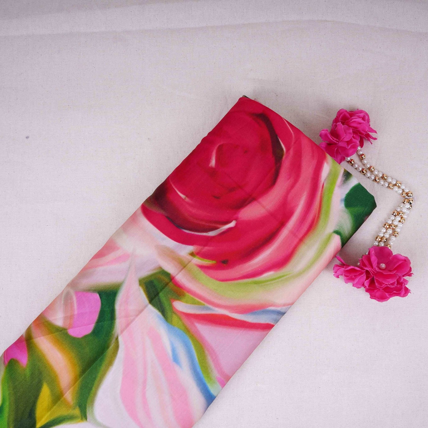 Off White Abstract Print Satin Linen Fabric MT-30990