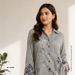 Charcol Grey & Black Floral Print Georgette Fabric VP-32368 - TradeUNO