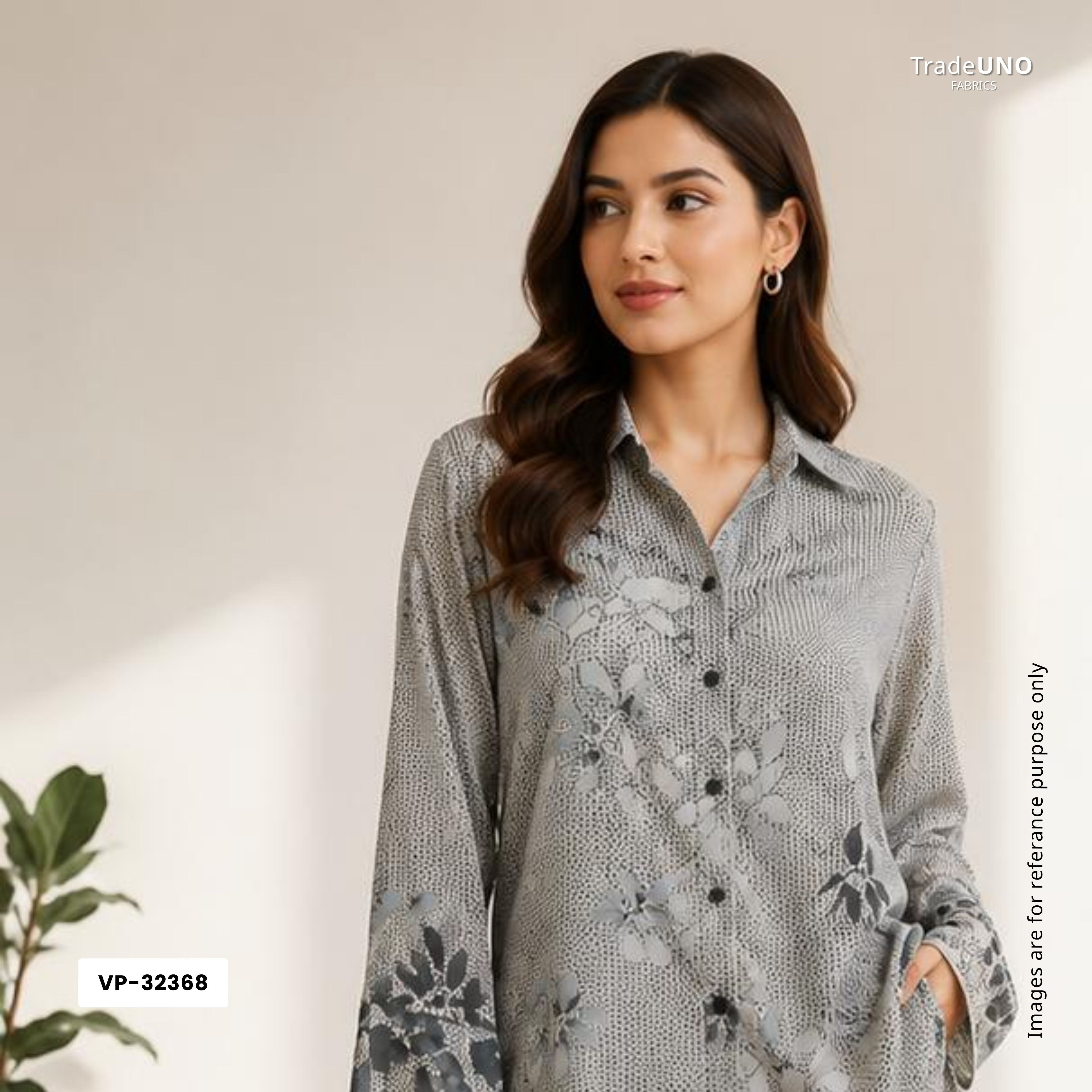 Charcol Grey & Black Floral Print Georgette Fabric VP-32368 - TradeUNO